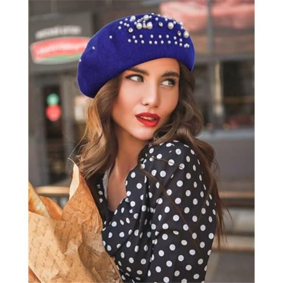 Women\'s French Wool Beret with Pearl & Rhinestone Embellishments Beanie Cap